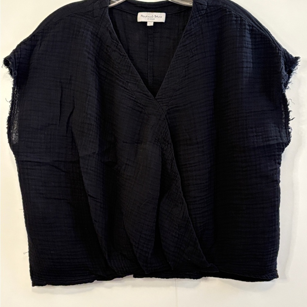 Michael Stars Black Textured Blouse. Faux Crossover. L